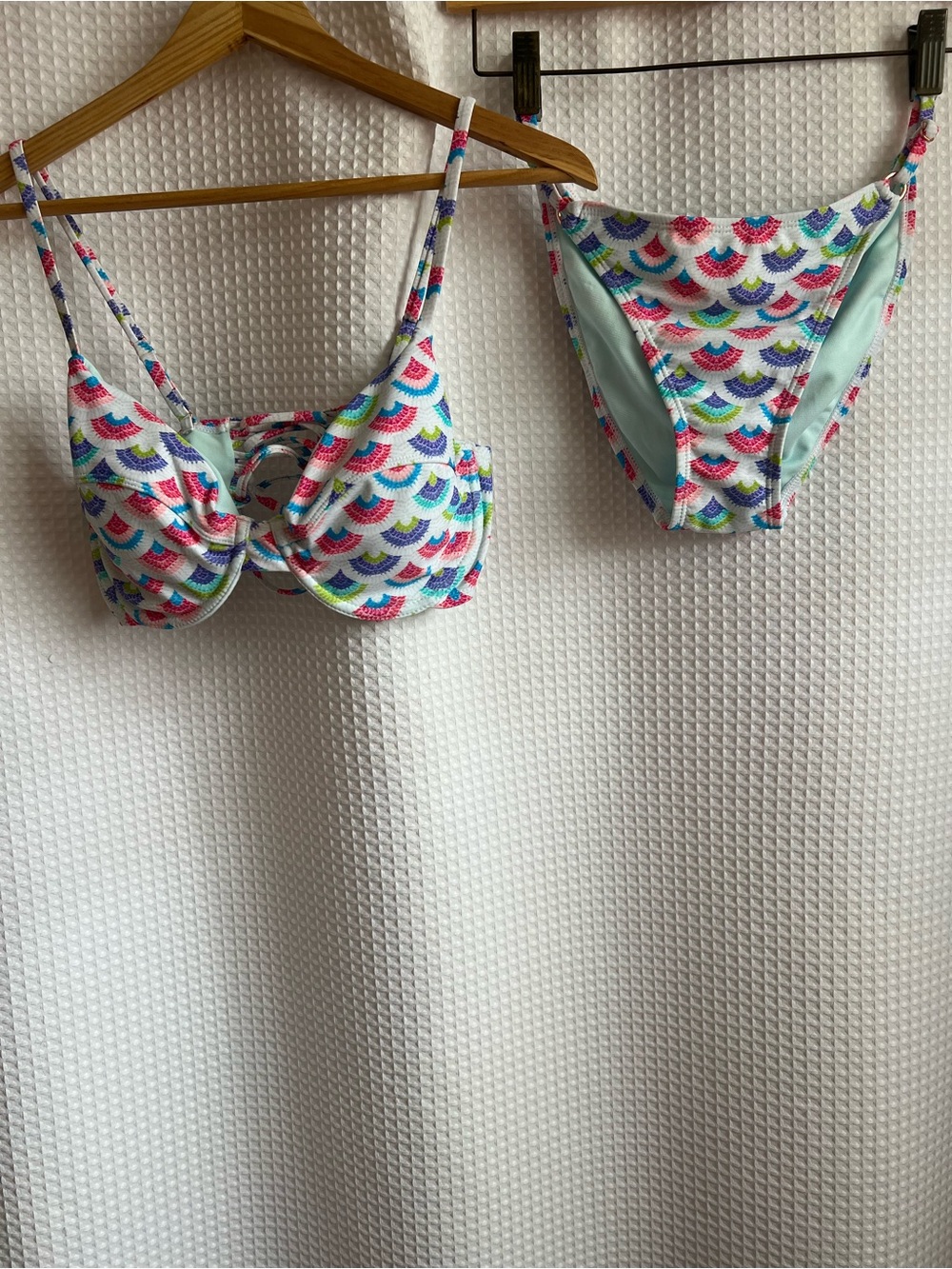 Nanette Lepore Colorful Scallop Print Bikini Set  white Base w Pink, Blue, Green